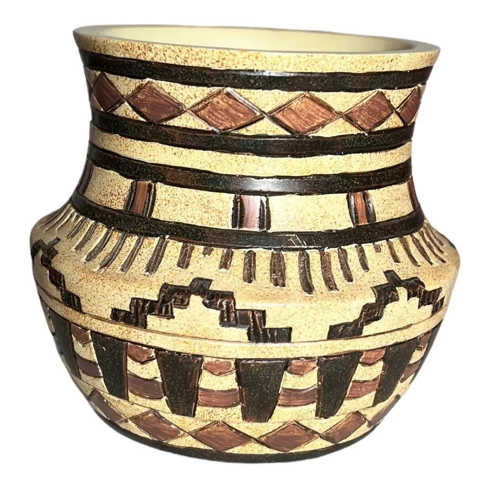 Aztec Design carved segmented‎ hand painted vase Made in India 4